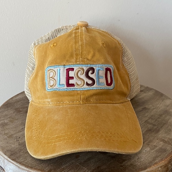 Blessed Embroidered Patch Tan and Cream Women's Trucker SnapBack Hat - Picture 3 of 9